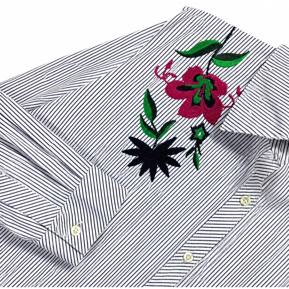 Susan Graver Embroidered Floral Button Down Top 16 Blue White Stripe Hummingbird